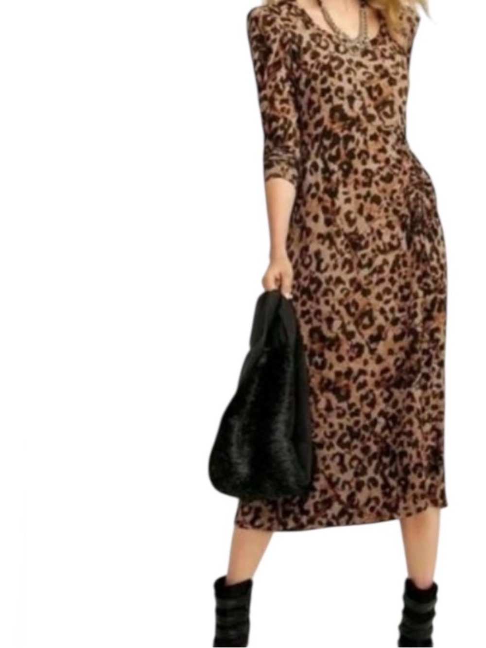 CAbi Leopard-Print scoop neck Midi Dress in Brown & Black side ruching small